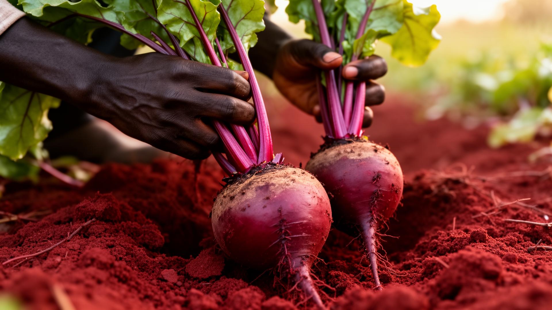 Hands harvesting fresh beetroot from rich red soil